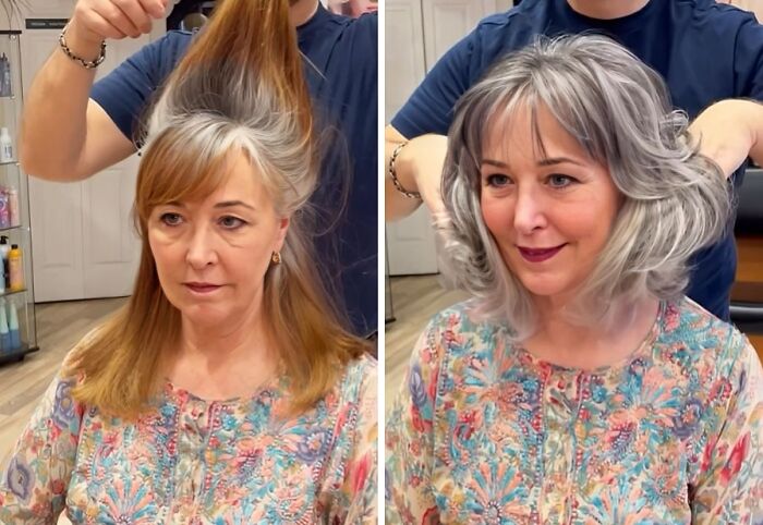 Before and after images of a woman embracing her natural gray hair transformation in a colorful floral blouse.