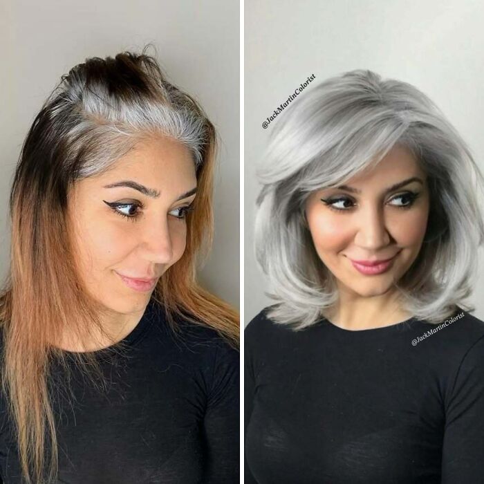 Woman before and after embracing natural gray hair, with a stylish transformation.