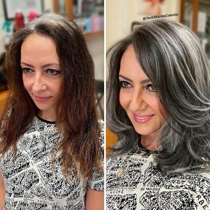 Woman before and after embracing natural gray hair transformation.