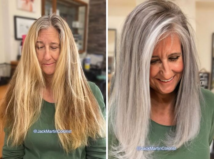 Woman embracing natural gray hair transformation, before and after.