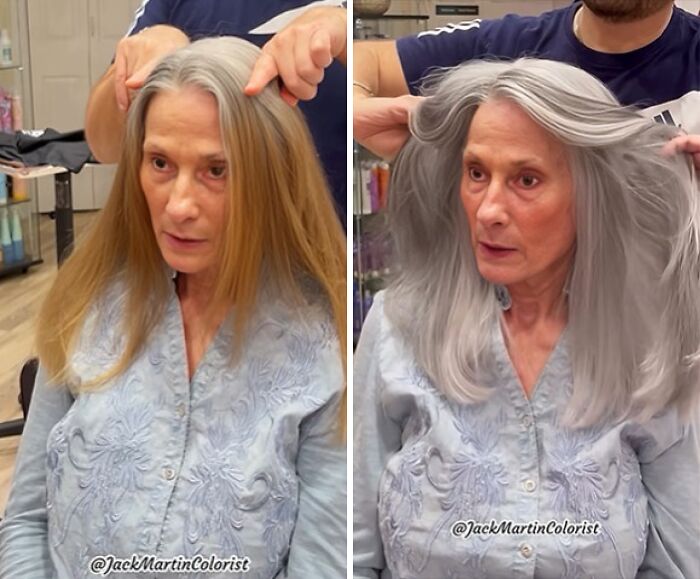 Woman before and after embracing natural gray hair transformation in a salon setting.