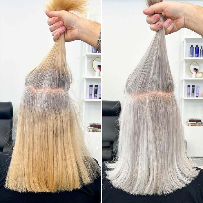 Before and after of embracing natural gray hair transformation in a salon setting.