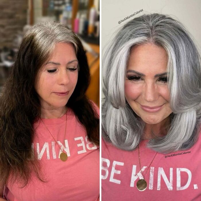 Before and after embracing natural gray hair, woman smiles in pink "Be Kind" shirt.