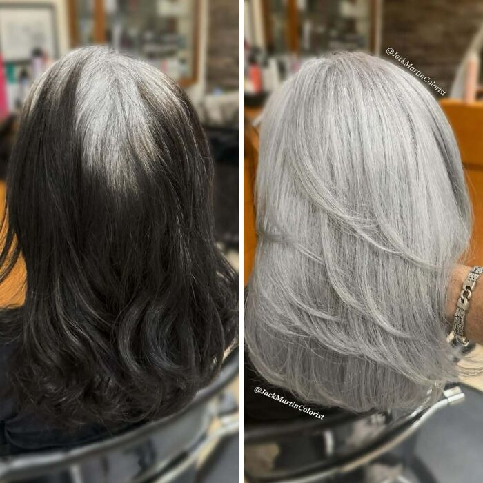 Before and after images showing transformation to natural gray hair.
