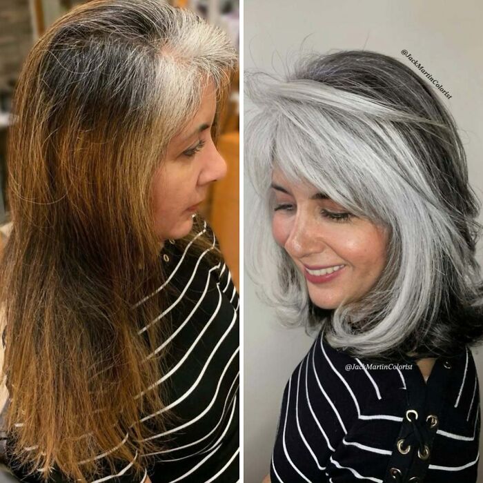 Woman before and after embracing natural gray hair transformation, wearing a striped top, showcasing a stylish new look.
