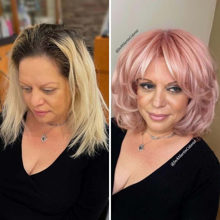 Woman before and after embracing natural gray hair with a stylish new look, wearing a black top.