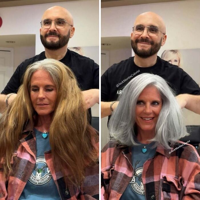 Woman before and after embracing natural gray hair with stylist in salon, smiling transformation.