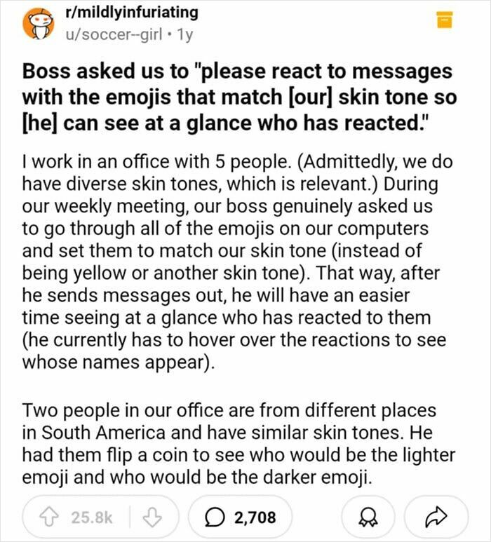 Office memo highlighting an infuriating request from a boss regarding emoji skin tones for message reactions.