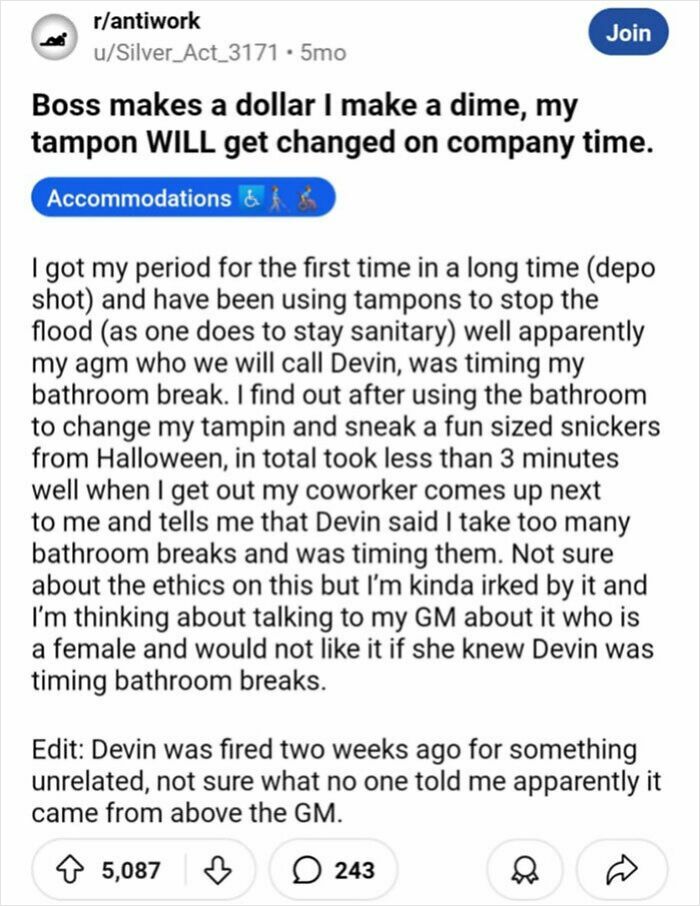 Reddit post about bosses, highlighting an issue with a manager timing bathroom breaks unfairly.