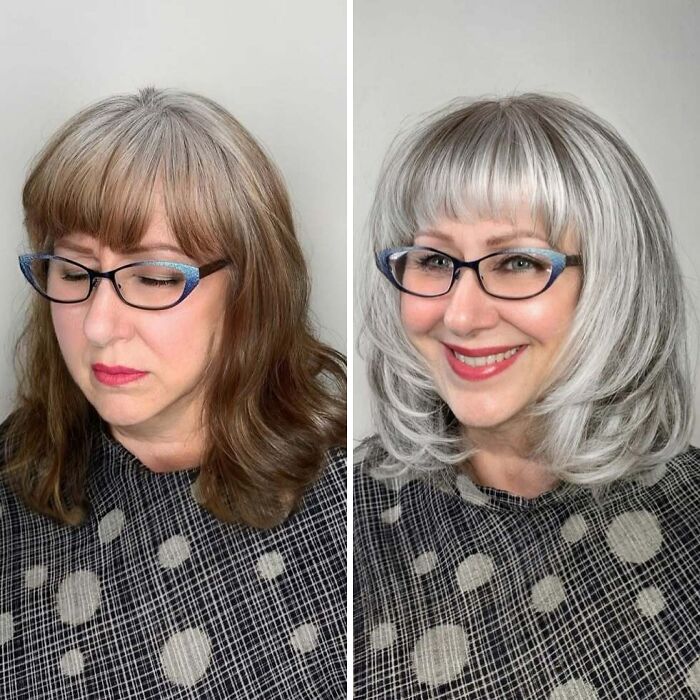 Woman before and after embracing natural gray hair transformation, wearing glasses, smiling in the second photo.