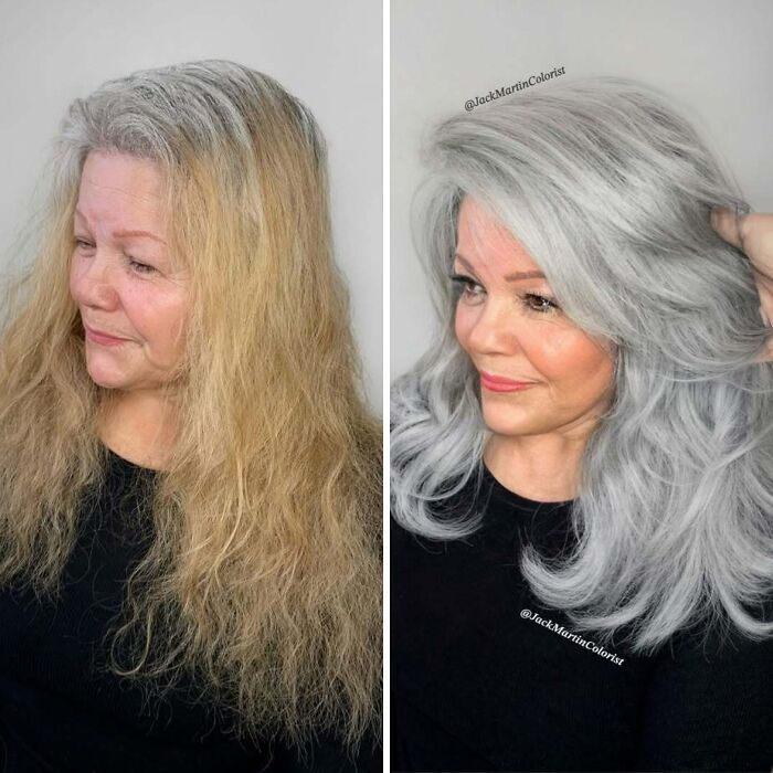 Woman's transformation embracing natural gray hair, showcasing vibrant before and after results.