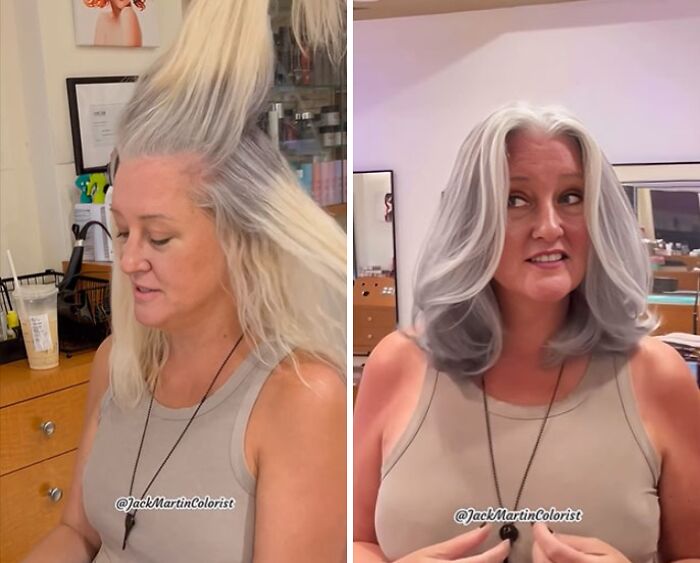 Woman before and after embracing natural gray hair transformation in a salon.