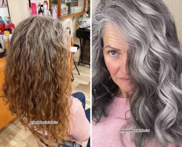 Before and after transformation embracing natural gray hair, featuring a woman with curly and wavy hairstyles in a salon.