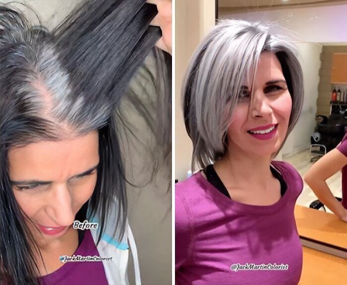 Before and after embracing natural gray hair transformation in a salon setting.