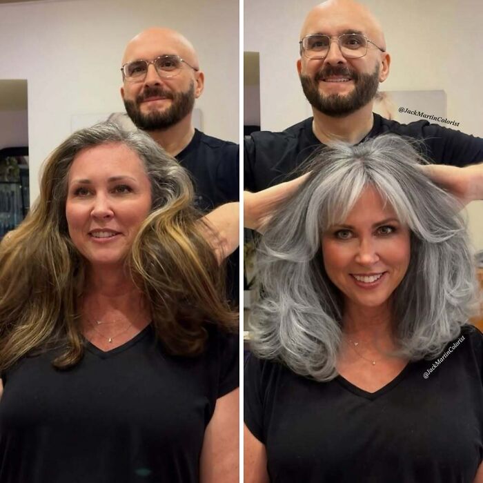 Woman before and after showing natural gray hair transformation.