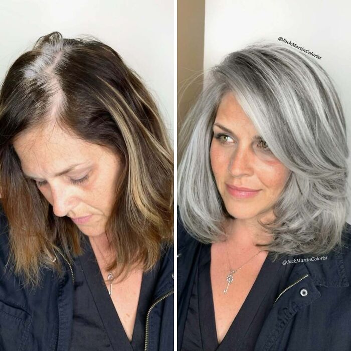 Woman before and after embracing natural gray hair transformation, smiling with a stylish haircut.