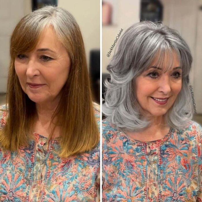 Woman before and after embracing natural gray hair transformation, smiling in colorful top.