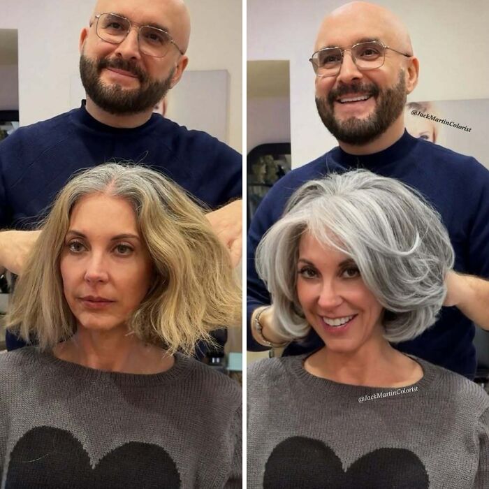 Before and after embracing natural gray hair transformation, with stylist smiling in background.