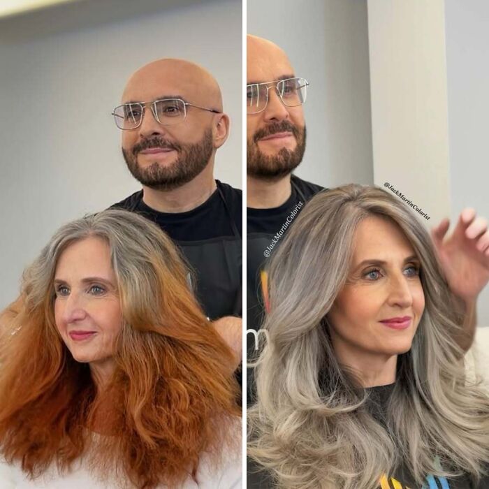 Woman before and after embracing natural gray hair, assisted by a hairstylist in a salon setting.