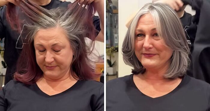 Woman before and after embracing her natural gray hair transformation, showing vibrant gray locks.