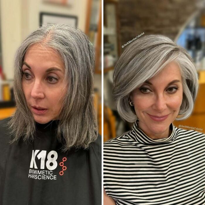 Woman before and after embracing natural gray hair, transformation with styled look.
