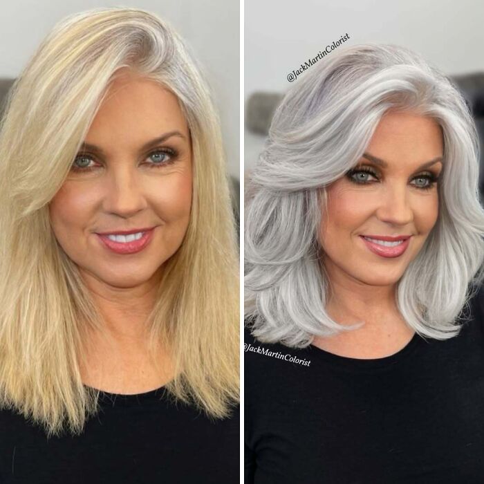 Woman before and after embracing natural gray hair transformation.