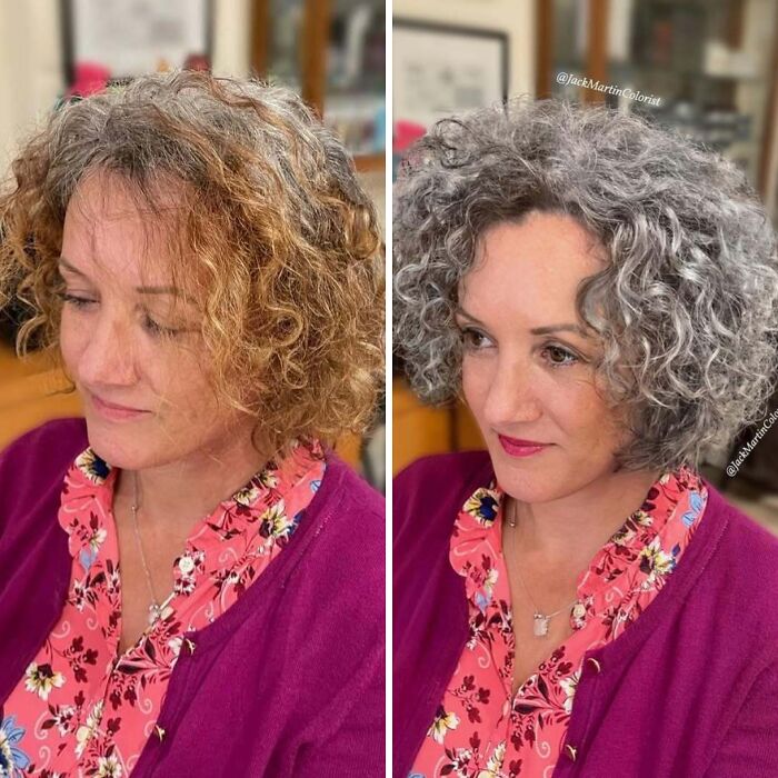 Woman before and after embracing natural gray hair transformation, wearing a floral shirt and purple cardigan.