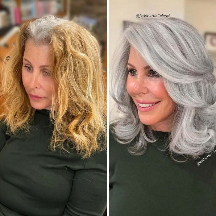 Woman before and after embracing natural gray hair transformation, smiling and wearing a dark top.