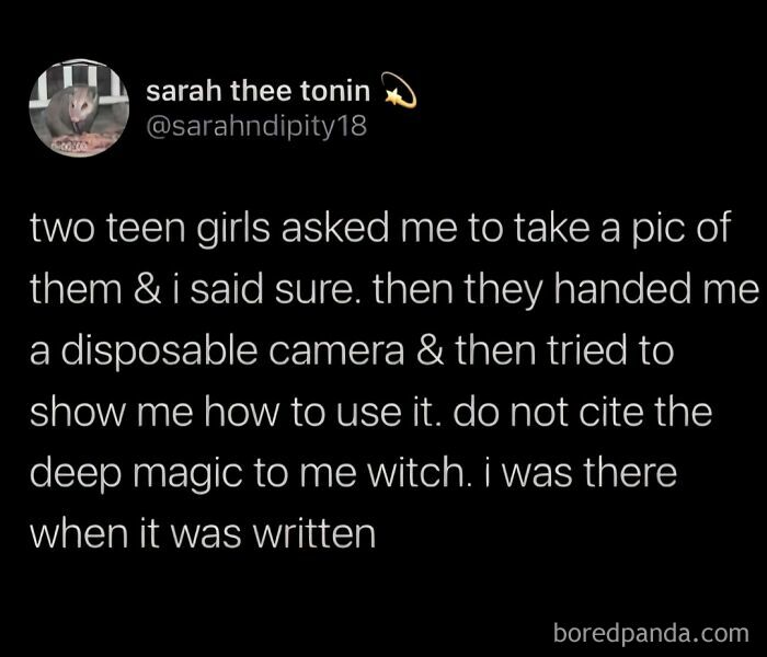 Text meme about millennials and disposable cameras, humorously referencing learning from experience.