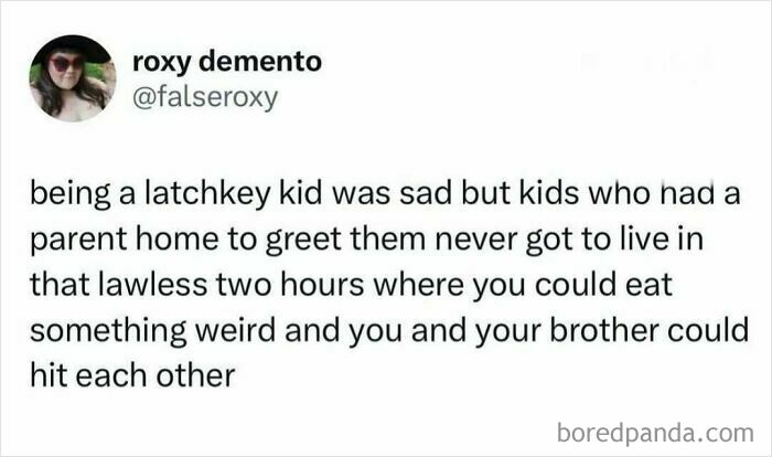 Text meme from 'Millennial Misery' about latchkey kids, humorously describing unsupervised childhood moments at home.