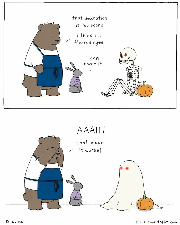 Bear and rabbit humorously interact with a skeleton and ghost Halloween decoration in talking animals illustration.