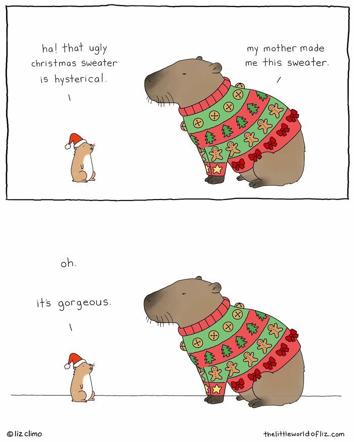 Cartoon of talking animals in a humorous everyday moment, featuring a small animal and a capybara in a Christmas sweater.