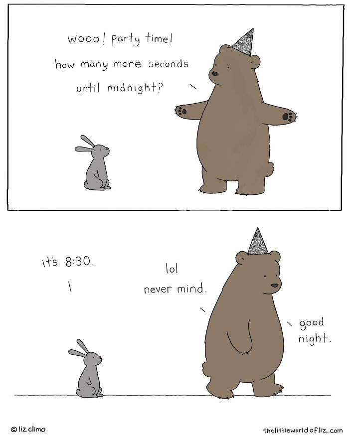 Bear in a party hat and rabbit sharing a humorous everyday moment in an illustration of talking animals.