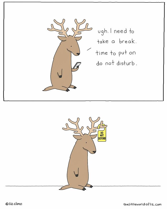 Illustration of a talking deer using do not disturb sign, humorous everyday moments by The Simpsons animator.
