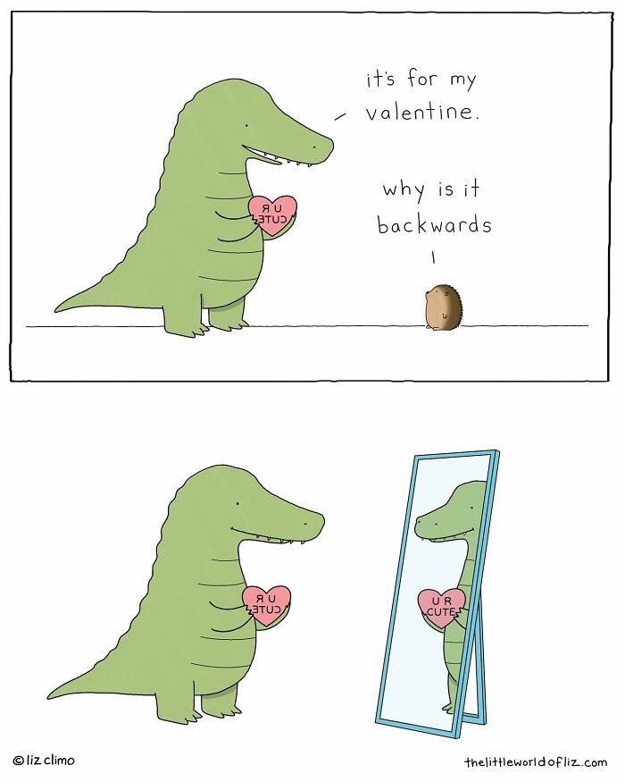 Cartoon dinosaur humorously holds a backward valentine heart, reflecting a talking animal moment by The Simpsons animator.