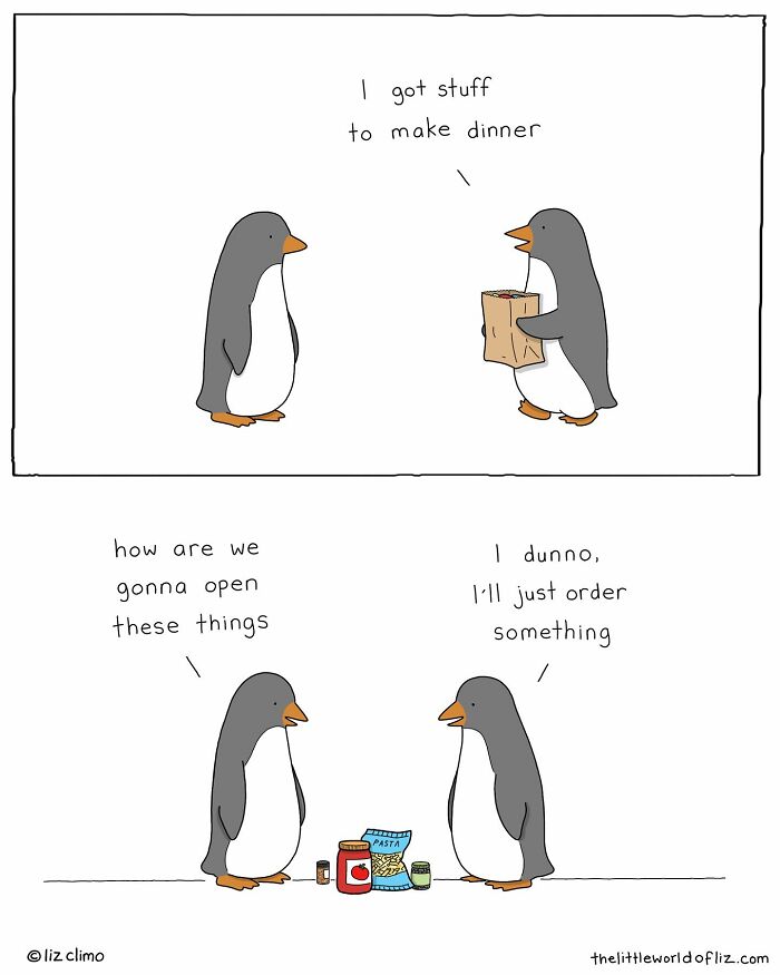 Cartoon by The Simpsons animator showing humorous everyday moments of talking penguins with dinner dilemmas.