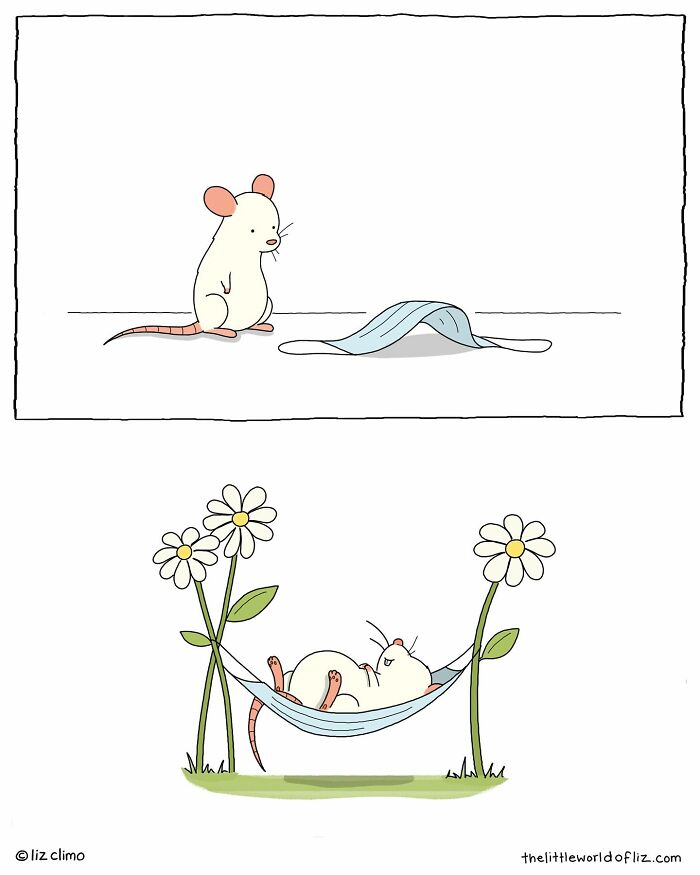 Illustration of a talking mouse using a face mask as a hammock, humorously depicting everyday moments with animals.