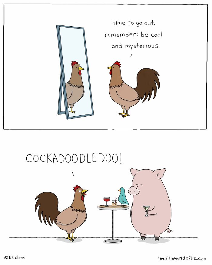 Cartoon of talking animals showing a chicken getting ready and loudly greeting a pig and bird at a bar.