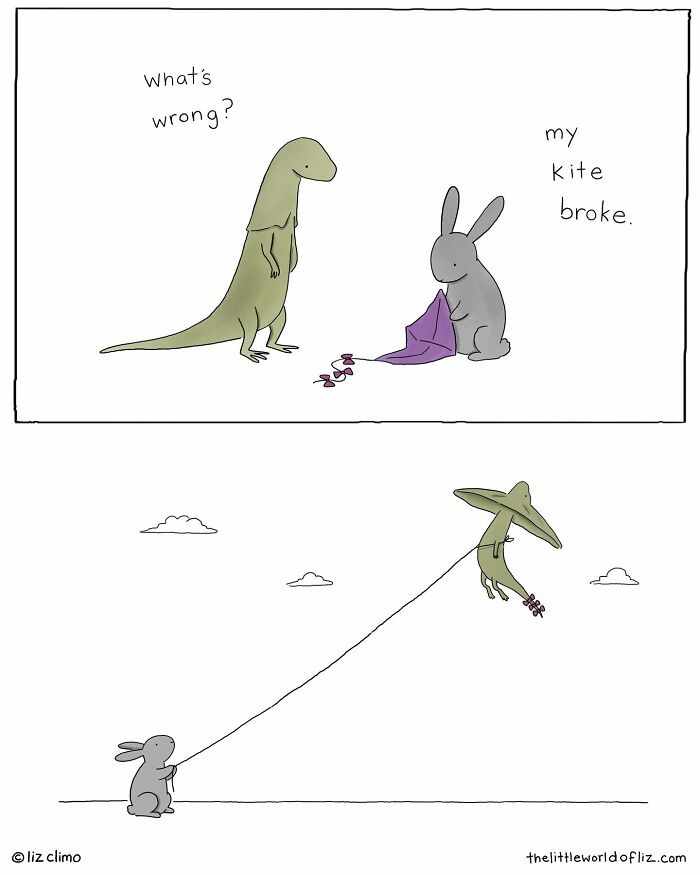 Cartoon of talking animals with a rabbit holding a kite string lifting a flying dinosaur, illustrating humorous everyday moments.