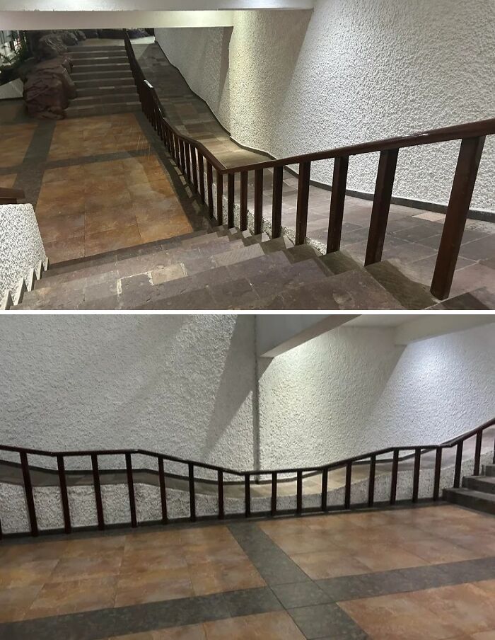 Winding staircase with peculiar railings, showcasing city planners' oversight in design and functionality.