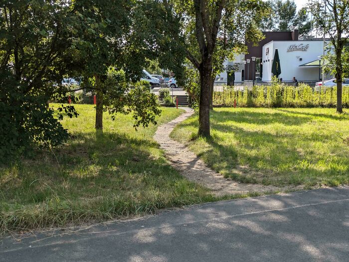 City planners overlooked a shortcut path through grass diverging from the sidewalk.