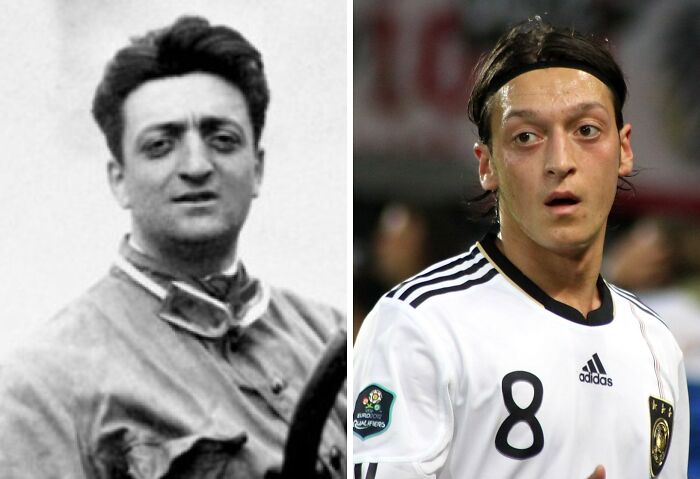 Two similar-looking men, one in historical attire, the other in a modern sports jersey, illustrating a historical coincidence.