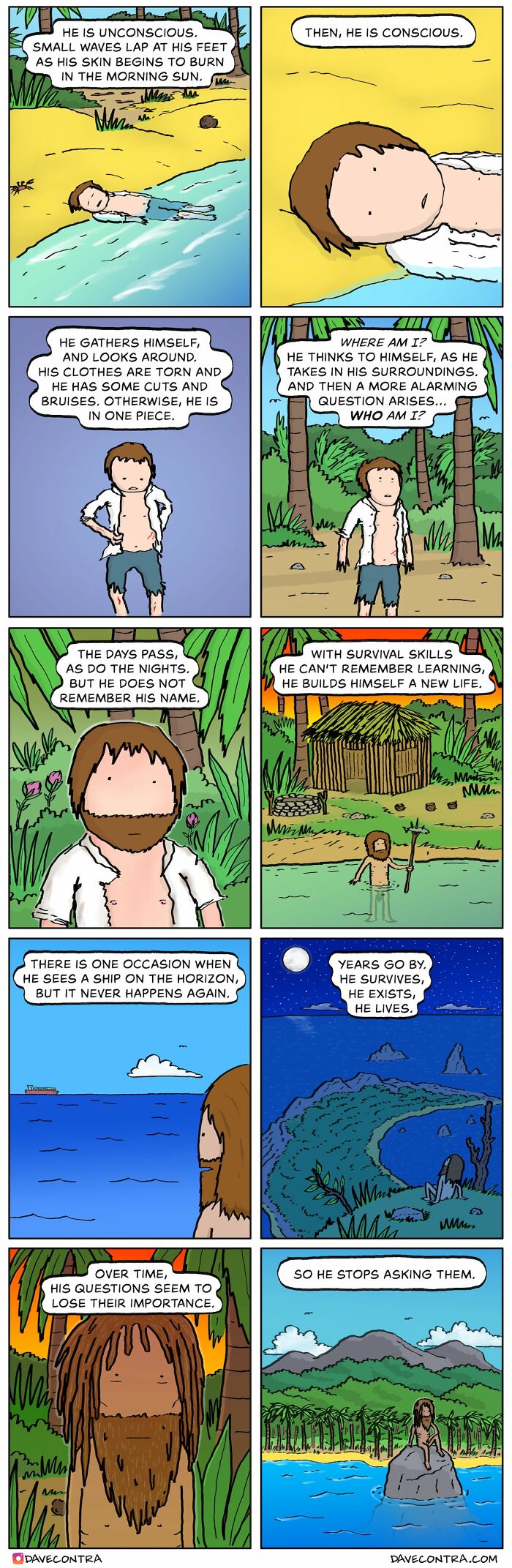Darkly twisted comic panels by Dave Contra showing a man’s survival journey and existential questions on a deserted island.
