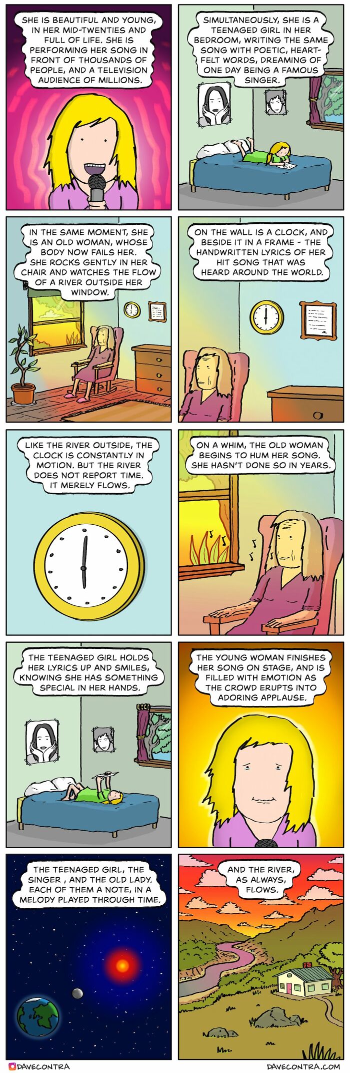 Comic by Dave Contra showing a young singer, a teen writing lyrics, and an old woman reflecting by a river.