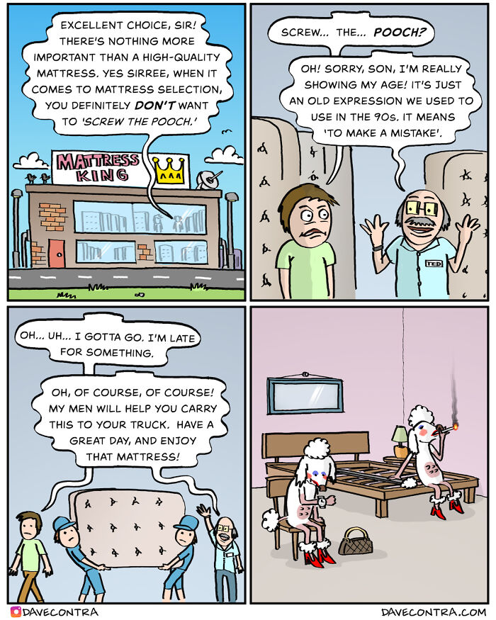 Darkly twisted comic by Dave Contra showing a mattress store scene with unexpected surreal humor and characters.