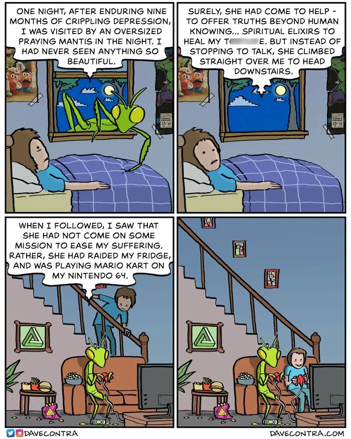 Comic by Dave Contra featuring a praying mantis and a person, blending dark humor with playful Nintendo 64 gaming scenes.