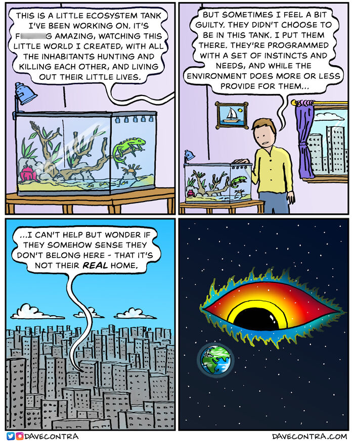 Darkly twisted comic by Dave Contra showing a man reflecting on a small ecosystem tank and existence beyond it.