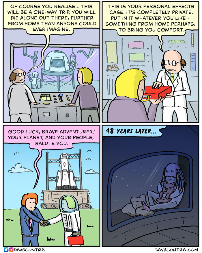Darkly twisted comic by Dave Contra showing a one-way space trip and loneliness in a distant spaceship years later.