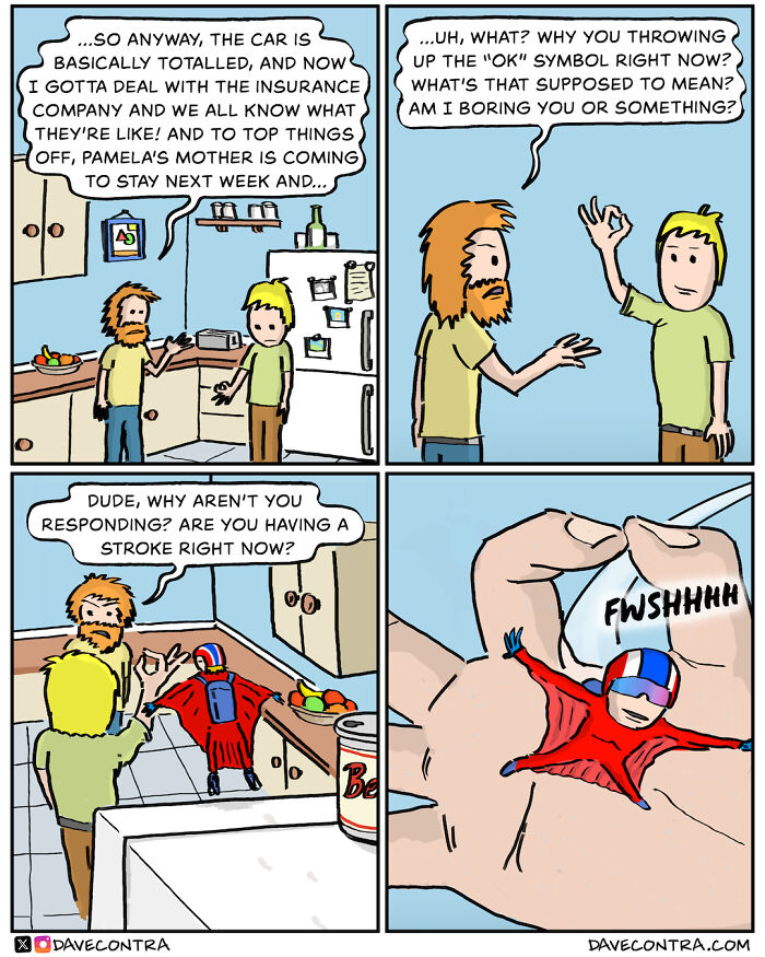 Darkly twisted comic by Dave Contra showing a conversation that turns surreal with a miniature flying figure.