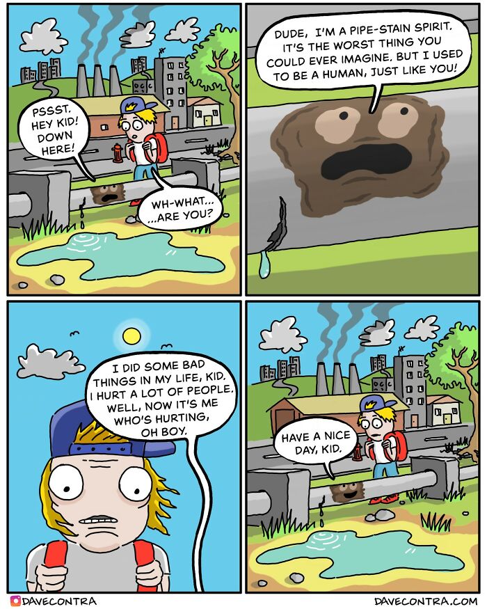 Comic strip by Dave Contra depicting a darkly twisted conversation between a boy and a pipe-stain spirit.